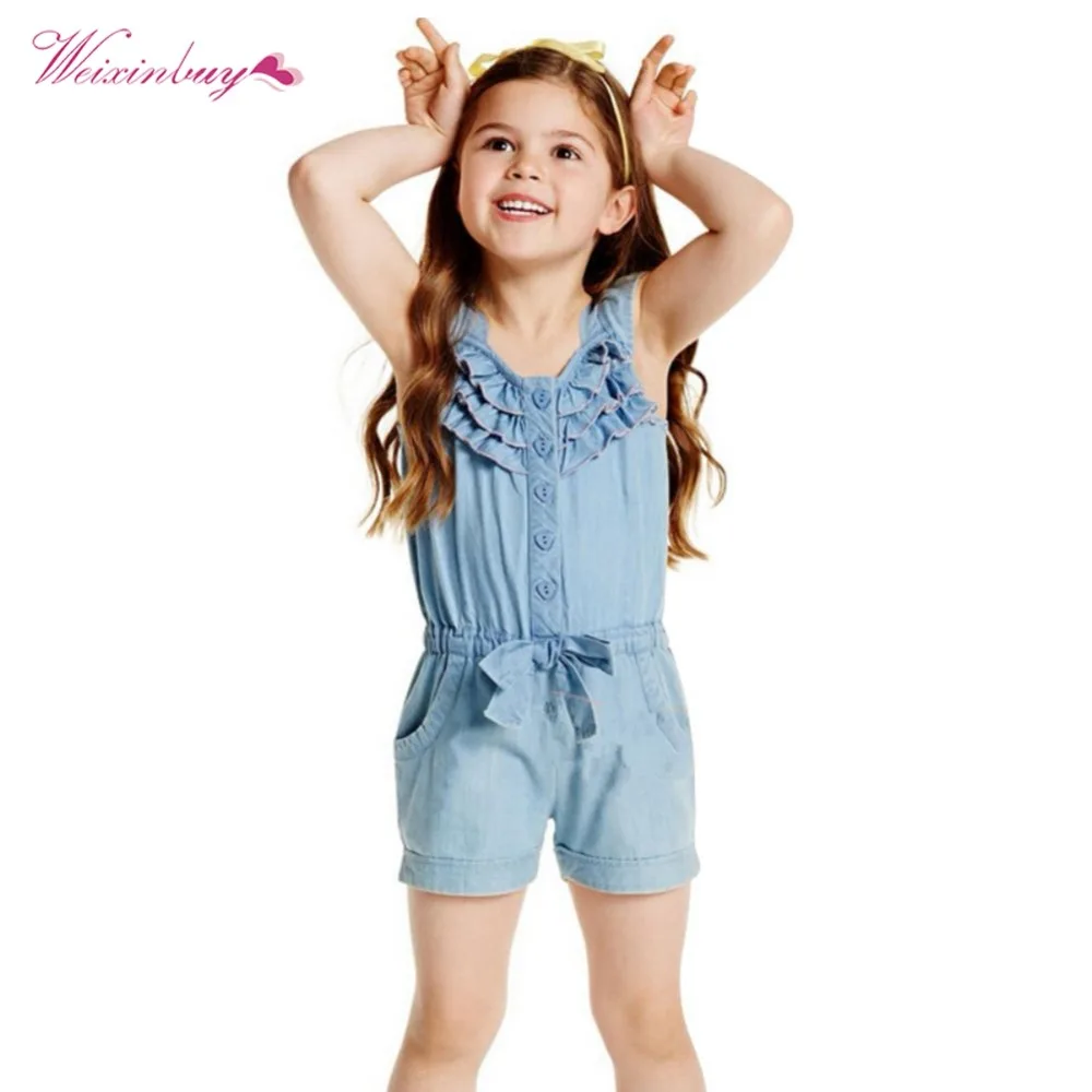 

WEIXINBUY Girls Denim Blue Jean Overalls Sleeveless Rompers Summer Children's Clothing Newborn Baby Girls 0-5Y