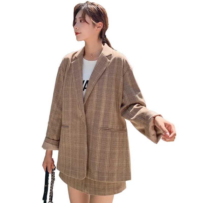 Sets female 2019 summer new women's Korean version of the loose plaid small suit jacket casual half-length skirt two-piece
