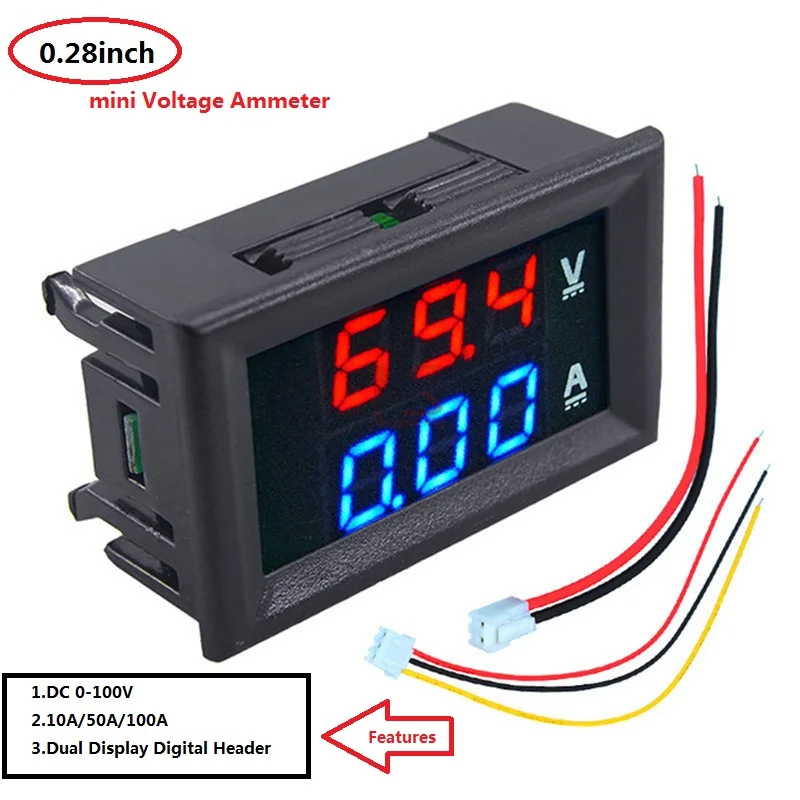 

0.28 inch Digital Voltmeter Ammeter DC 100V 10A 50A 100A Voltmeter Current Meter Tester Blue+Red LED Amp Dual LED Display meter
