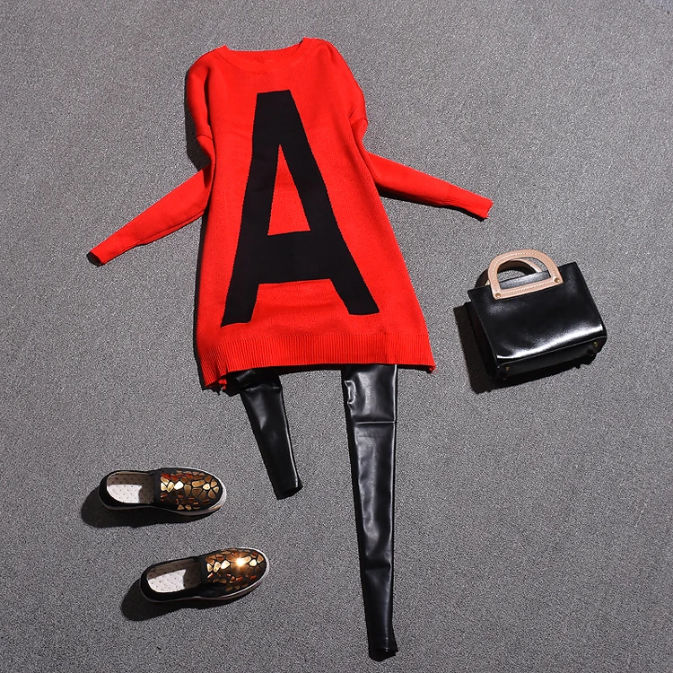 

2019 autumn new women's personality two-piece fashion Preppy long letters sweater top slim PU pants suit