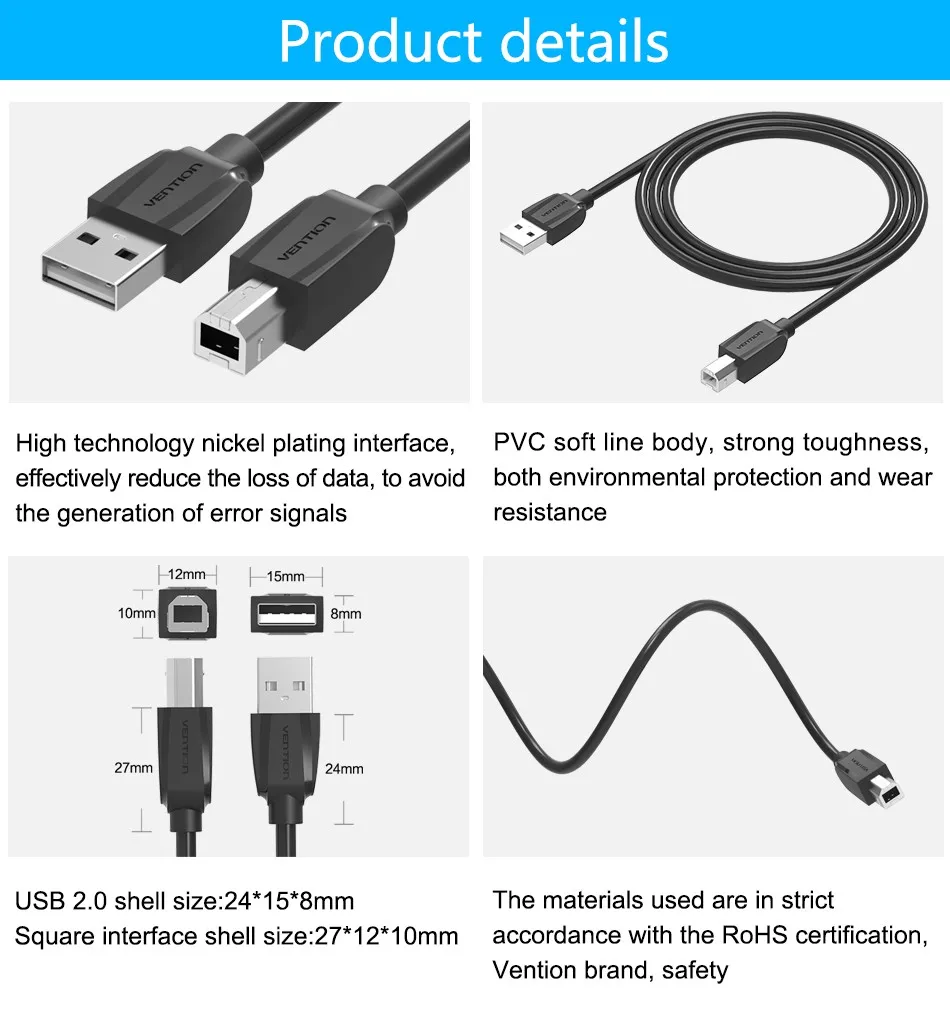 Vention высокоскоростной USB 2,0 type A-B папа-папа кабель для сканера принтера кабель для синхронизации данных Шнур для зарядки 1 м 1,5 м 2 м 3 м 5 м