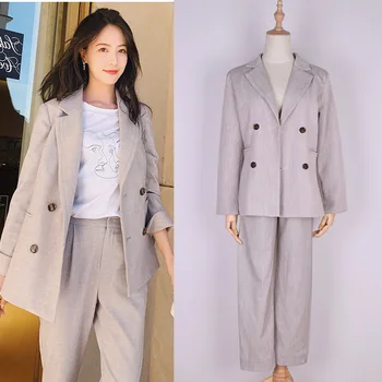 

blazer set Double Breasted Casual khaki women suit