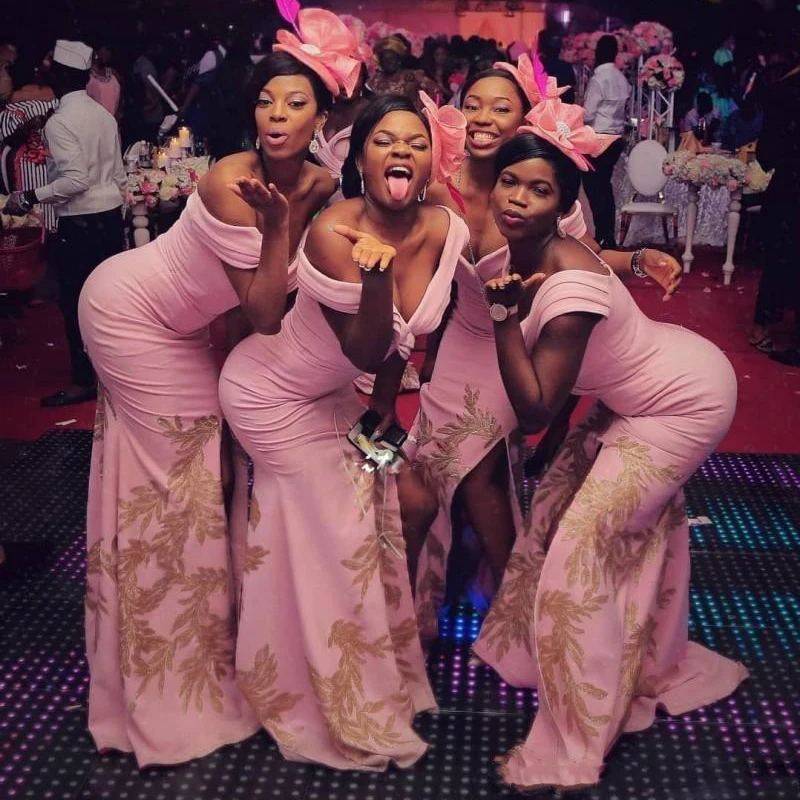 Новые розовые платья подружек невесты африканского размера плюс с открытыми плечами Золотые Аппликации невесты платья для свадьбы