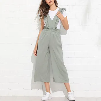 

Women Wide Leg Striped Jumpsuit Streetwear Deep V-Neck Playsuit Casual Ruffle Pleated Overalls