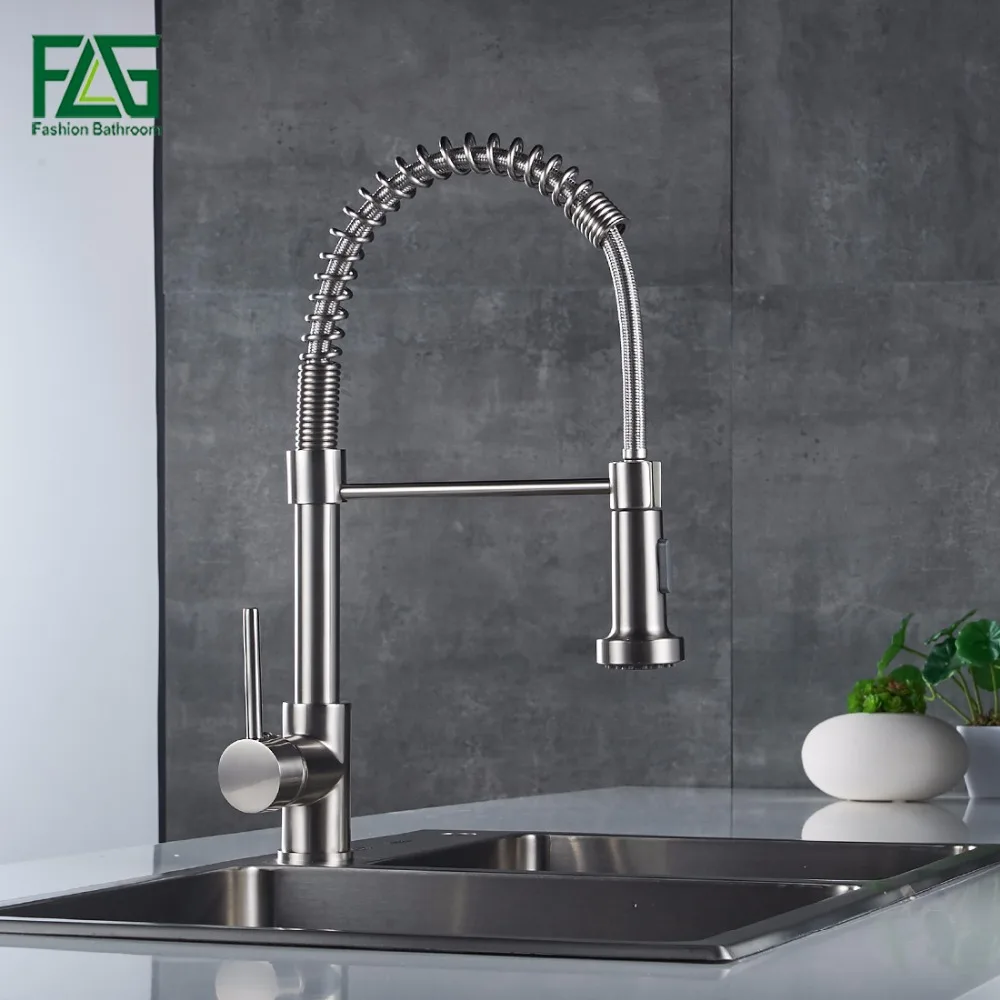 FLG Pull Out Kitchen Faucet Nickel Brushed Cold and Hot Water Faucet Rotate Swivel Sink Kitchen