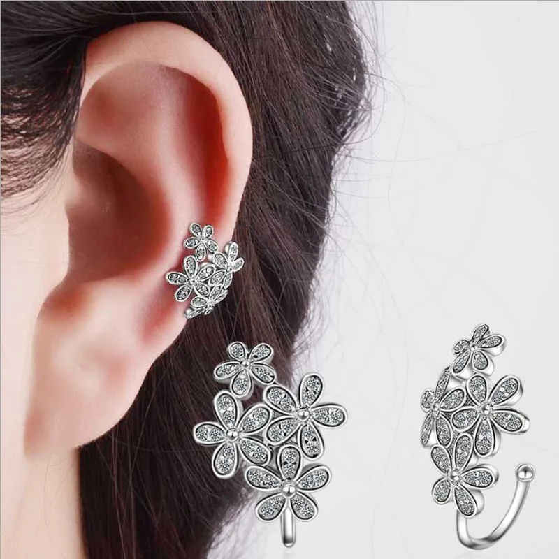 ONEVAN новый элегантный маленький цветок 925 серебро уха манжеты Серьги для Для женщин блестящими камнями без пирсинга для хряща ушной