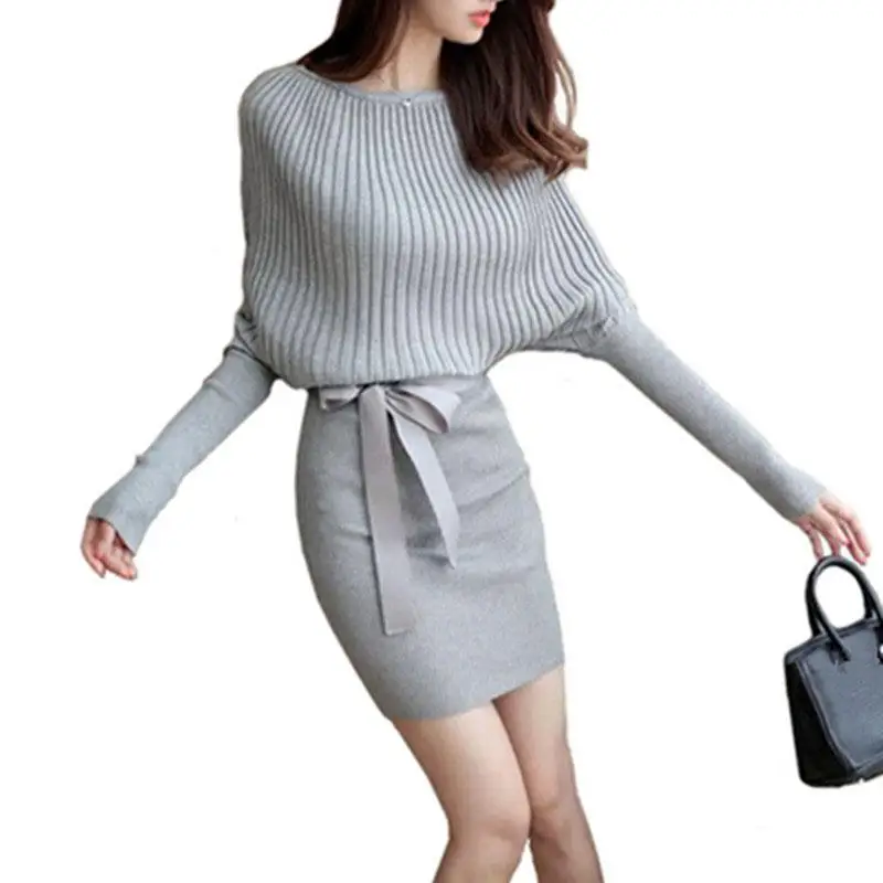 

Autumn Winter Elegant Sweater Bodycon Dress For Women Batwing Sleeve Brief Knitted Mini Dress Plus Size Bow Tie Formal Vestidos