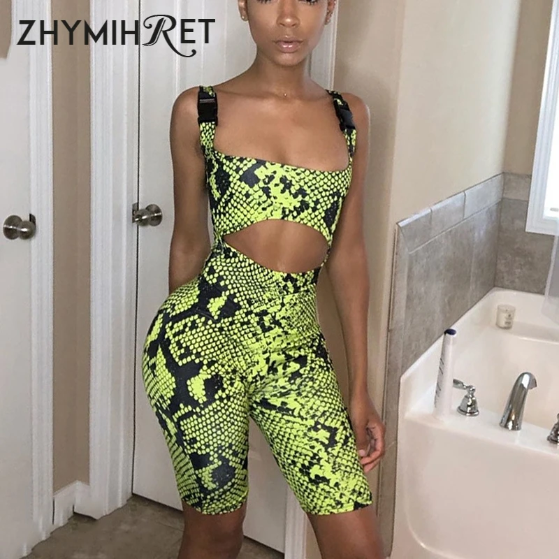 

ZHYMIHRET Snake Print Buckle Playsuit Women Neon Green Rompers Hollow Out Waist Female Overall Skinny Summer Jumpsuit Streetwear