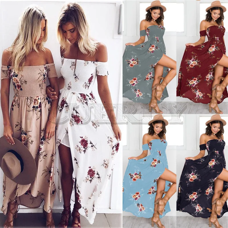 Image CUERLY 2019 New Women Sexy Side Split Summer Dress Off Shoulder Vintage Print Maxi Dress Women Beach Dress CUERLY