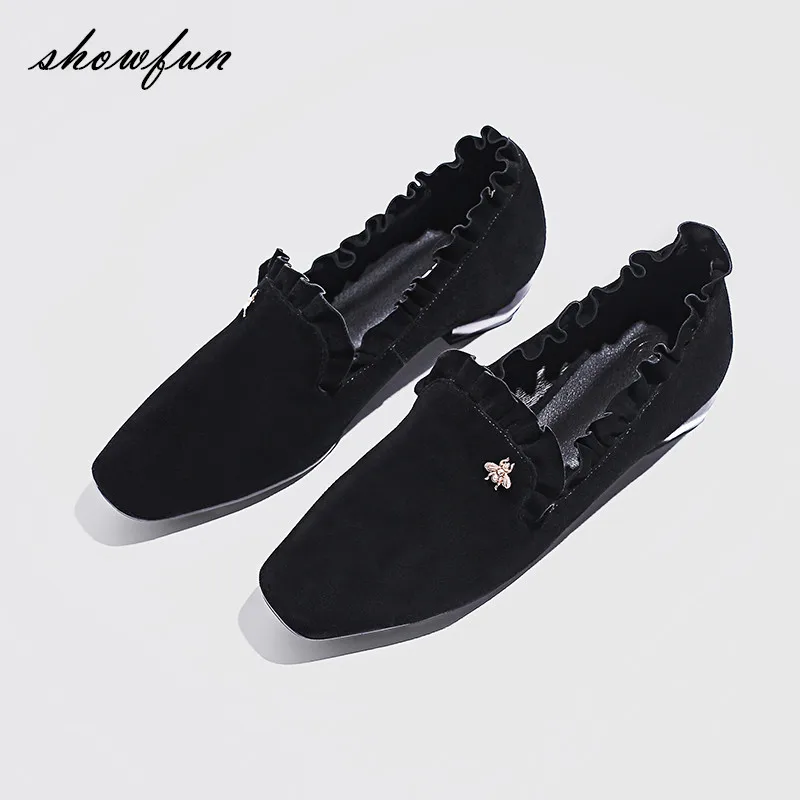 Women's Genuine Suede Leather Flounced Slip-on Flats Brand Designer Square Toe Bee Decoration Leisure Espadrilles Shoes Women Women's Genuine Suede Leather Flounced Slip-on Flats Brand Designer Square Toe Bee Decoration Leisure Espadrilles Shoes Women