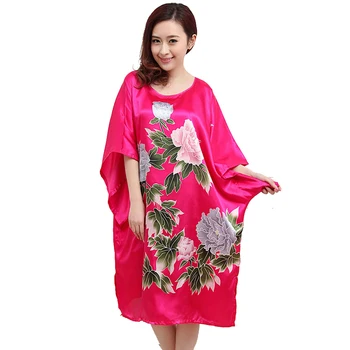 

Hot Sale Rose Red Satin Robe Dress Nightgown Novelty Women's Kaftan Bath Gown Summer Lounge Homewear 030802