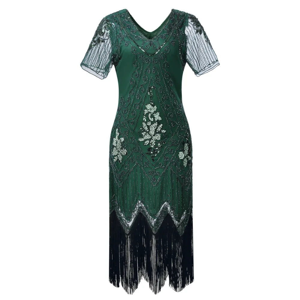 

Ladies V NECK green black golden 20s 1920s Roaring Flapper Costume Sequin Green Gatsby 20's Fancy Dress