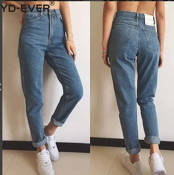 

Women Casual High Waist Jeans 2018 Autumn Winter Celebrity Boyfriend Loose Mom Jeans Femme Streetwear Full Length Denim Pants