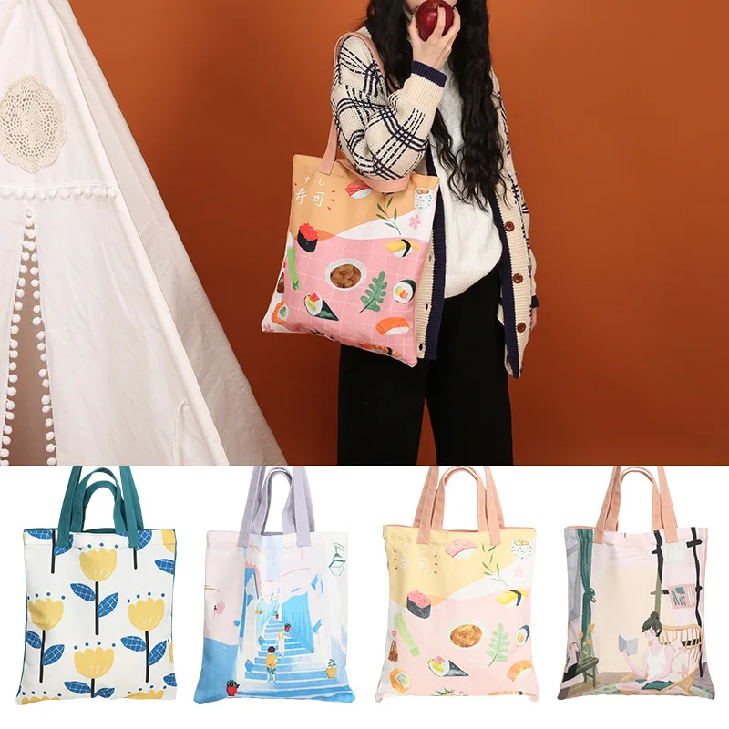 

new canvas cartoon print grid girls shoulder bag women fashion simple casual hand bag students outside pring bags