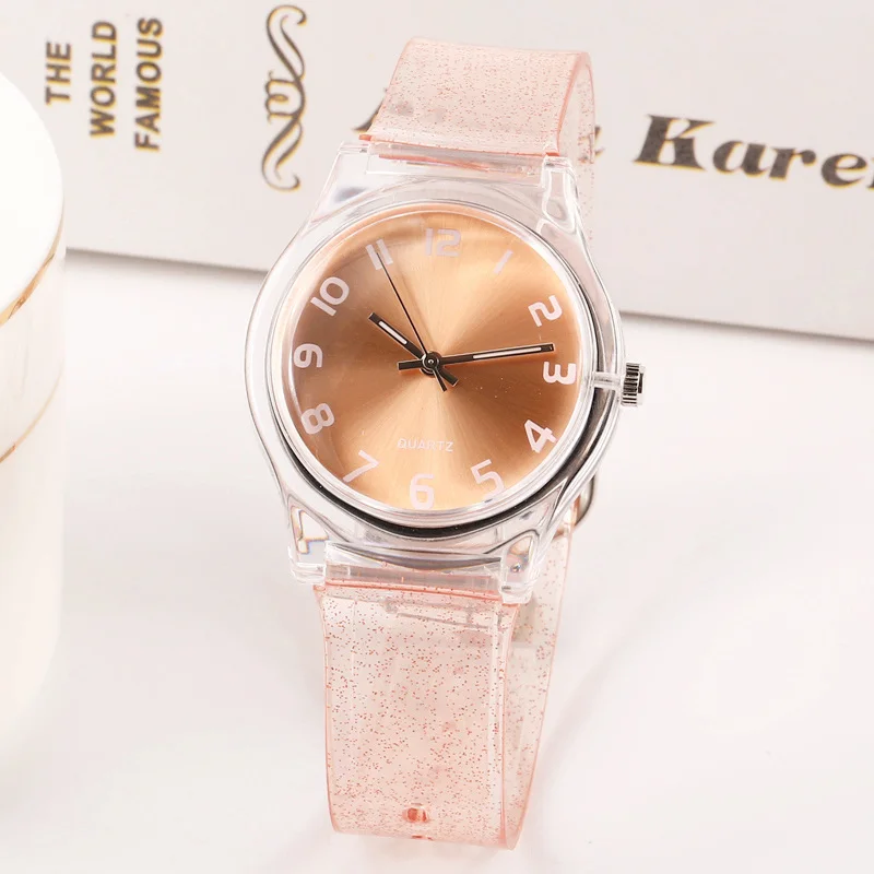 Новые модные блестящие прозрачные маленькие женские часы Harajuku, водонепроницаемые спортивные милые детские кварцевые часы для девушек - Цвет: Light Orange-Shu