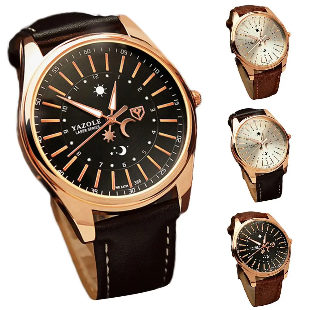 

New Fashion Man Analog Round Dial Sun Moon Pattern Soft Band Quartz Wrist Watch