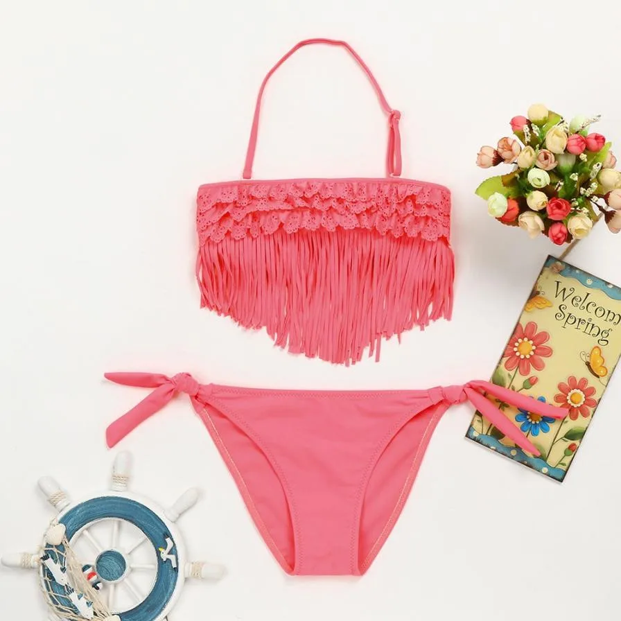 Swimsuit Girl18 Infant Kid Girls Ruched Solid Wave Tassel Swimwear Swimsuit Bikini Set Outfits Swimsuit 2019 Bikini 15