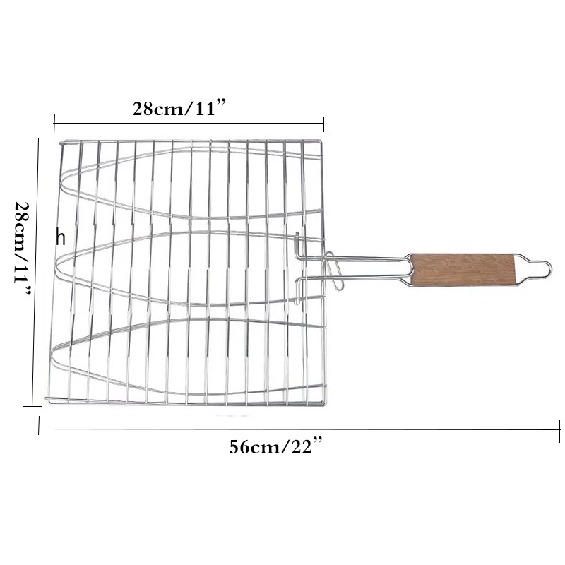 Non-stick Triple BBQ Fish Grilling Basket Barbecue Mesh Grill Clip Net Protable Camping Rack With Wood Hand BBQ Tool Accessories