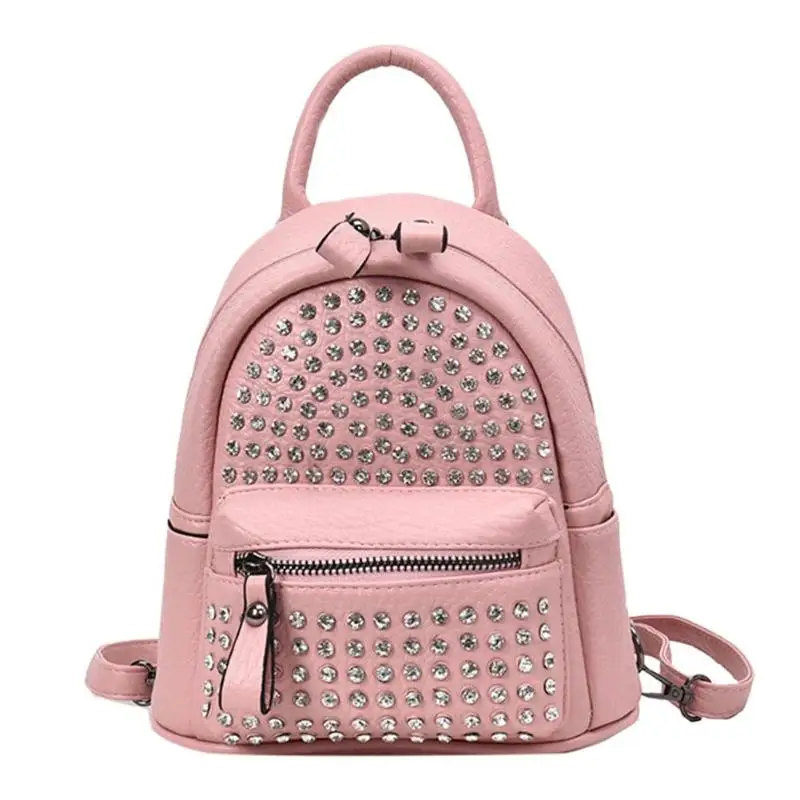 Rivet Rhinestone Backpack Women PU Leather Messenger Knapsack Fashion Girls Teen Schoolbags Travel Shoulder Bag Mini Back Pack