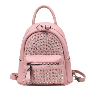 

Rivet Rhinestone Backpack Women PU Leather Messenger Knapsack Fashion Girls Teen Schoolbags Travel Shoulder Bag Mini Back Pack
