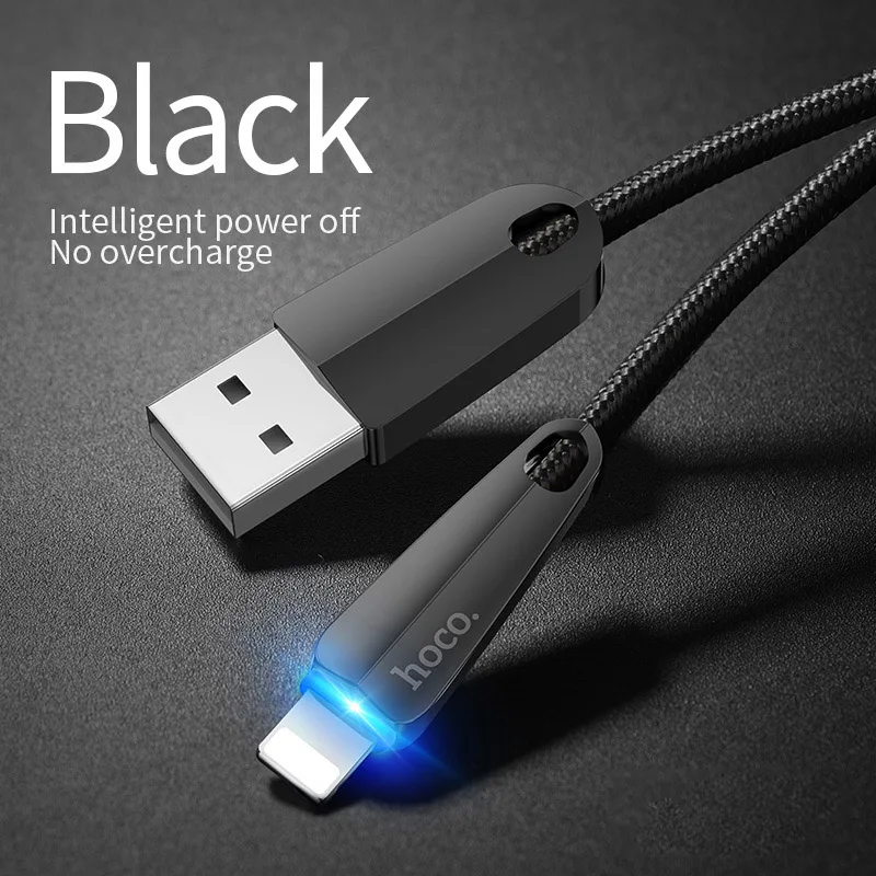 HOCO usb кабель для iphone X 11 Pro Max 8 7 6 ipad mini smart power off светодиодный кабель для быстрой зарядки зарядное устройство для телефона адаптер для передачи данных - Цвет: Black