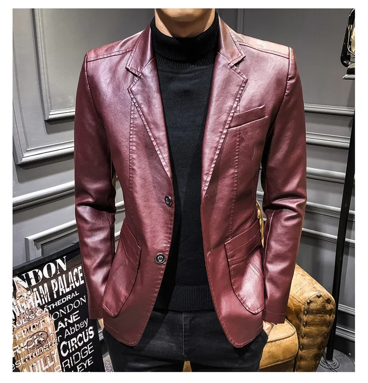 Новая кожаная куртка уличная мужская кожаная куртка одежда Повседневная приталенная куртка из искусственной кожи Модный мужской блейзер
