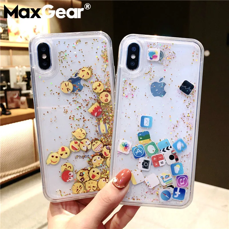 

Cute Glitter Liquid Quicksand Phone Case For iPhone X 8 7 6 6S Plus Mobile Dynamic Icons Back Case For iPhone X XS XR XS Max