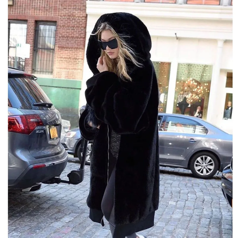 Winter Warm hooded Large size Medium length Solid color Fur & Faux Fur Women 2018 New Casual Long sleeve Women Fur coat LH335