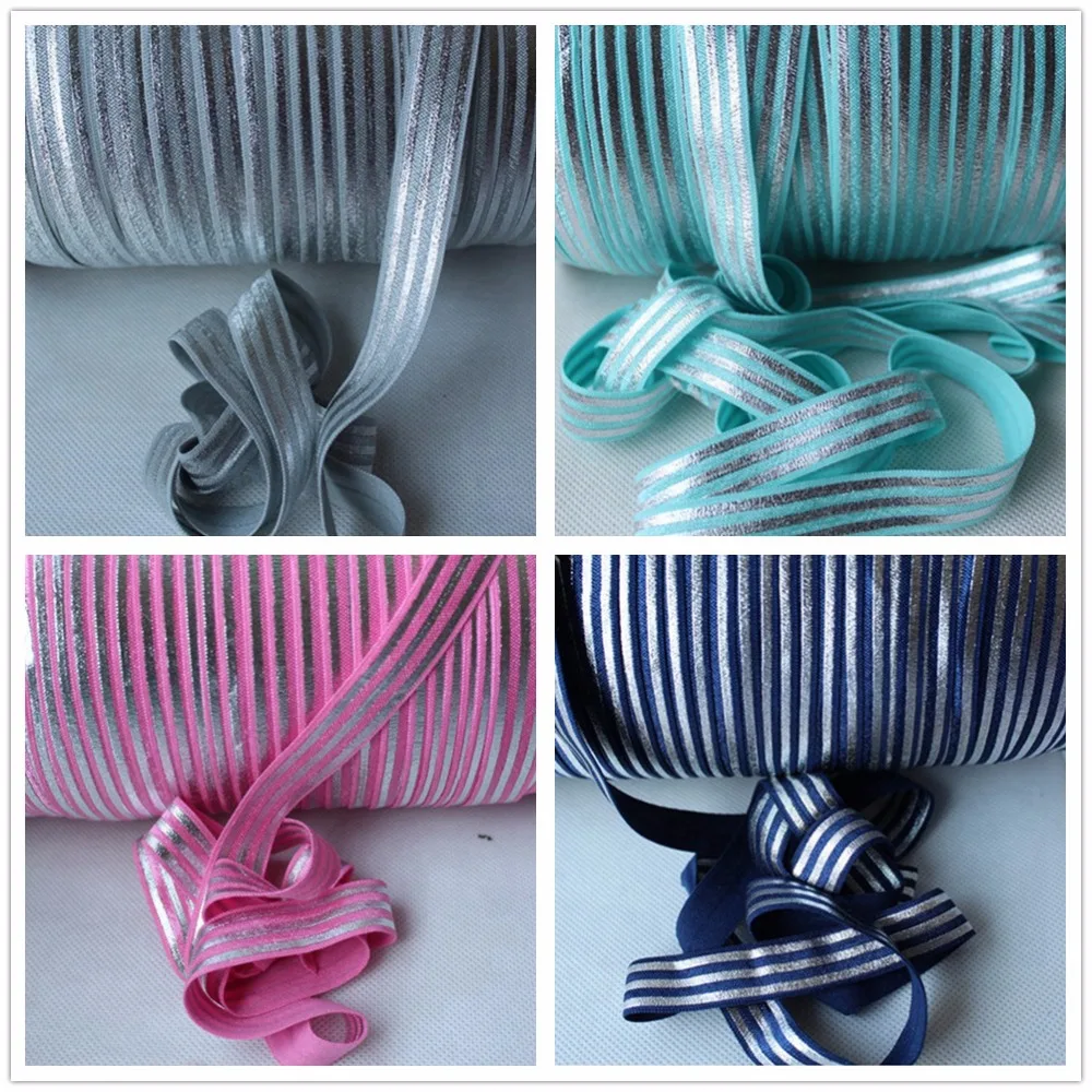 

Custom Silver Foil Stripe FOE Fold Over Elastic Ribbon for Hair Ties, 50Yards
