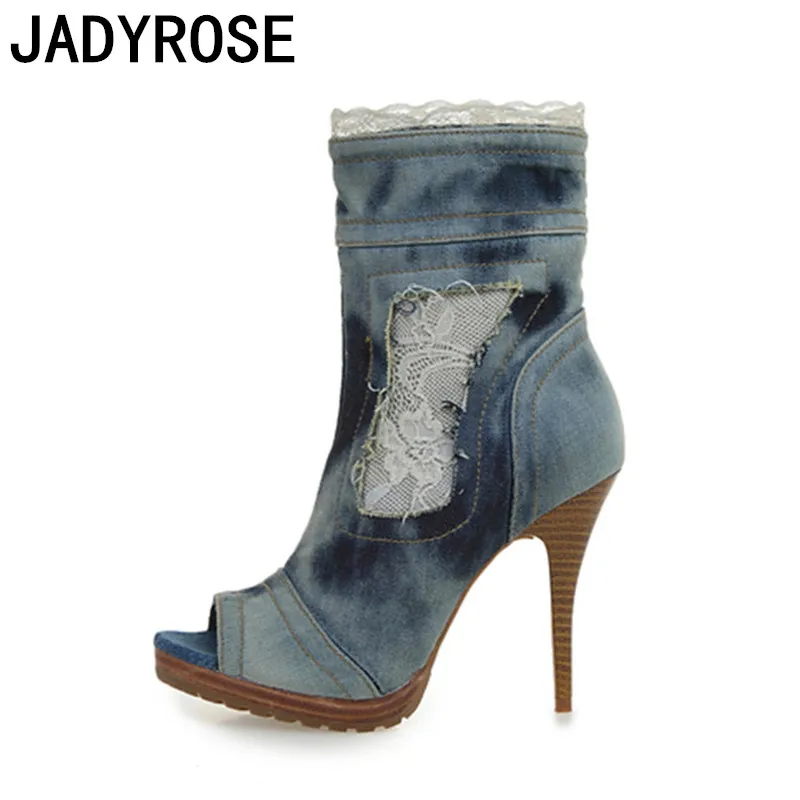 

Sexy Open Toe Women Ankle Boots Blue Denim Fashion High Heels Botines Mujer Designer White Lace Bottine Femme Shoes Woman Botas