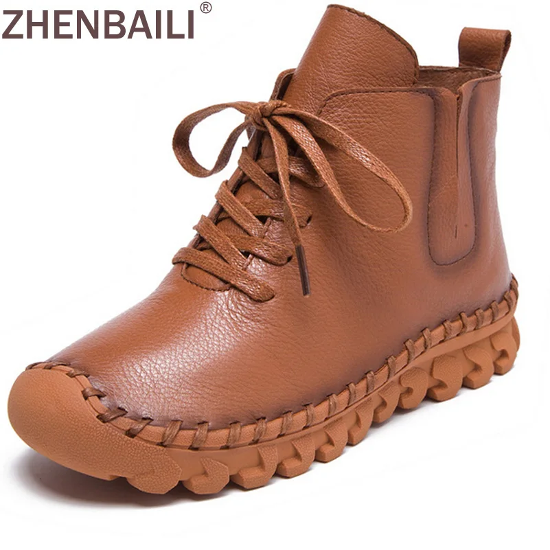 

Women Boots 2017 Spring Fashion Soft Flat Shoes Genuine Leather Lace Up Hand Sewing Ankle Boots Warm Short Plush Winter Boots