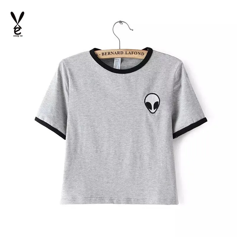 2 Color Women Crop Top Embroidery Design Aliens T Shirts Short Sleeve