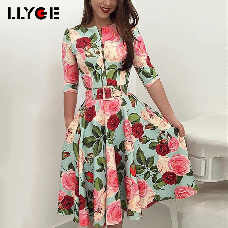 

LLYGE 2018 Spring Women Cotton Dress Autumn Casual Fashion Clothes Female Floral Print Belt Knee-Length Zip Midi Party Vestidos