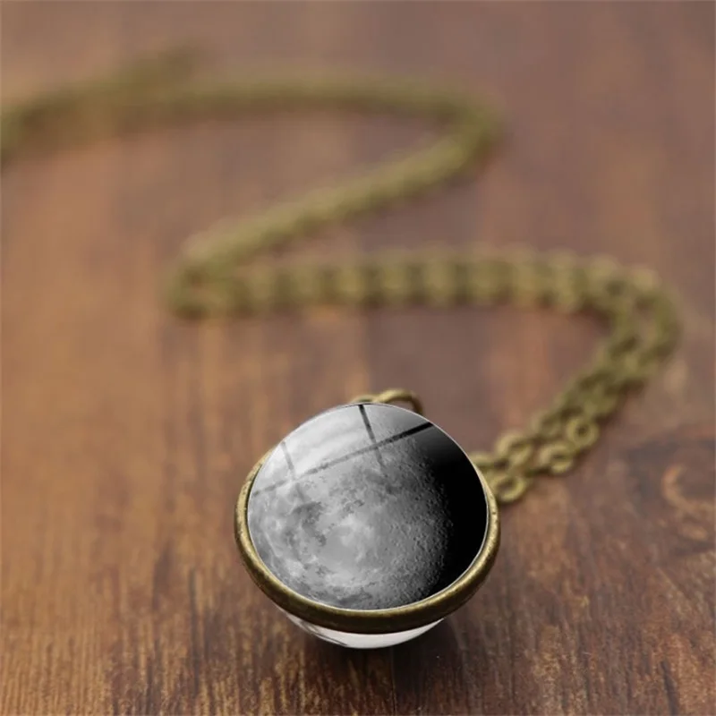 

Fashion Double Sided Glass Ball Pendant Necklace For Women Men Moon Planet Time Gem Universe Necklace Long Chain Silver Jewelry