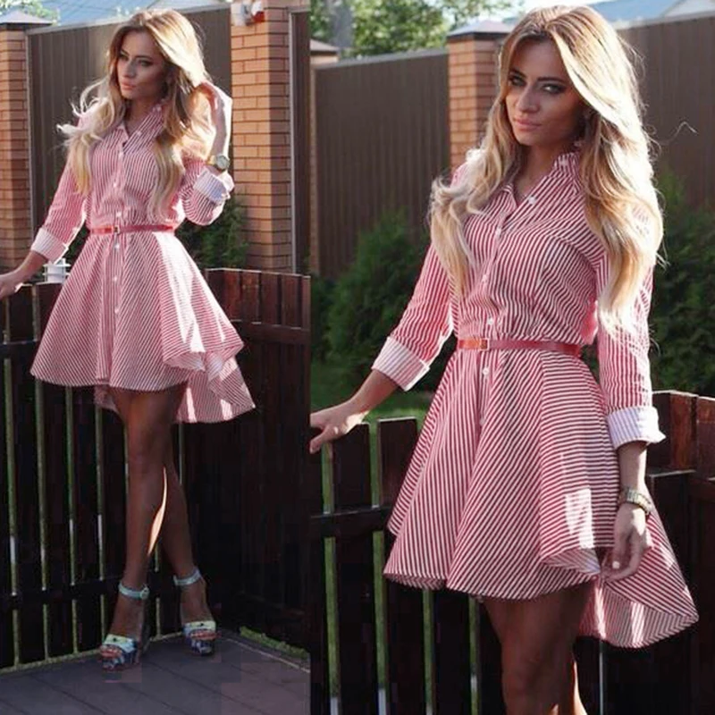 

Women Striped Dress Button Down Front Asymmetrical Hemline Casual School Dress Girls Elegant Ladies Long Sleeves Shirt Dress