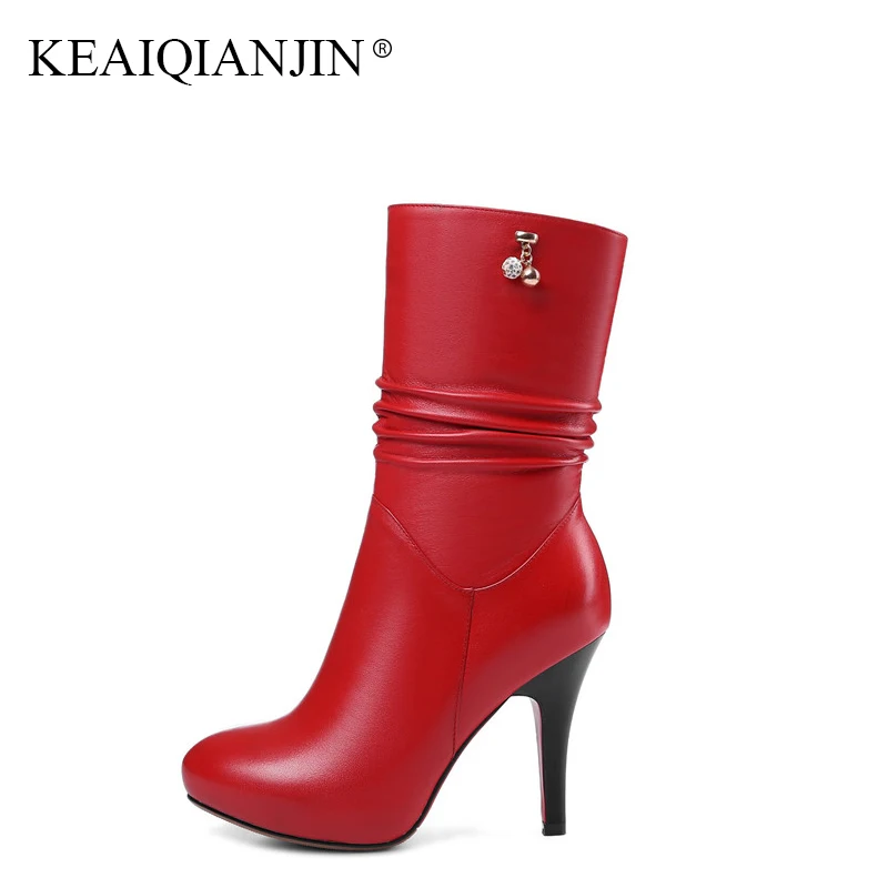 

KEAIQIANJIN Winter Autumn Metal Decoration Martin Boots Women Red Black Mid Calf Boots Genuine Leather Chelsea High Heeled Boots