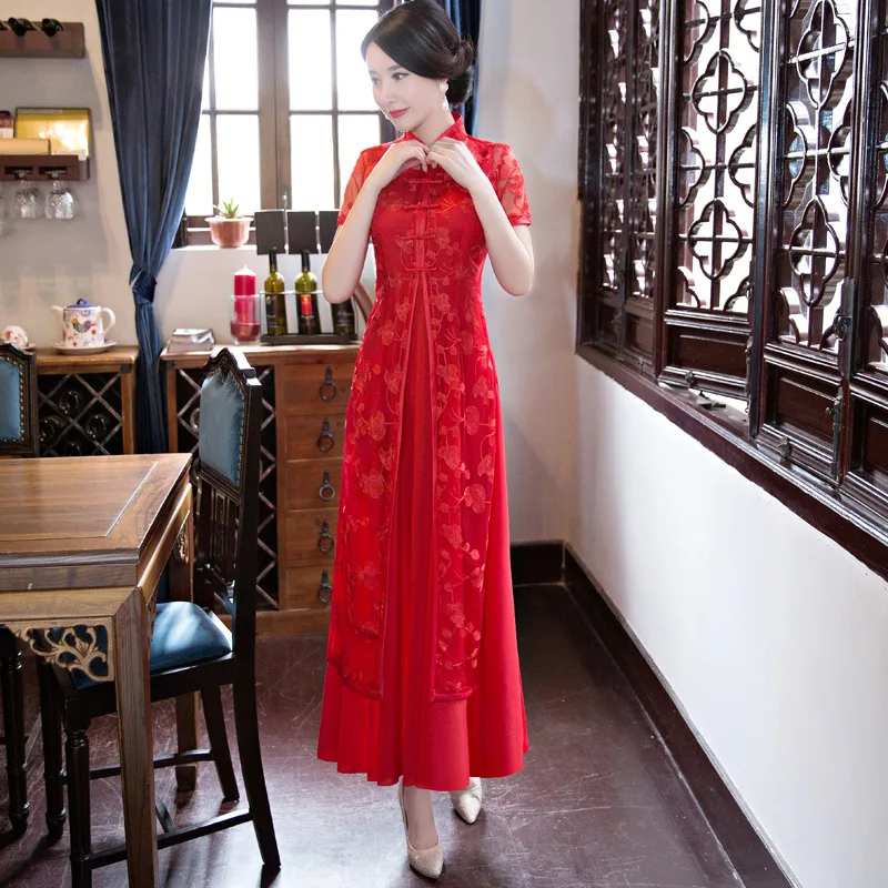 Новое поступление пикантные Кружево Cheongsam ретро элегантный длинный Cheongsam красный китайский традиционный Наряды на свадебную вечеринку