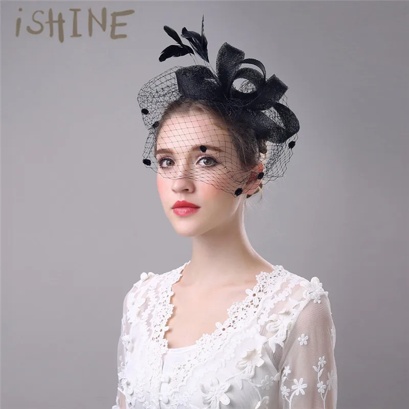 

iSHINE Women Hair Accessories Wedding Bridal Veils Decorated European Style Feather Fascinator Cocktail Party Hat Headwear