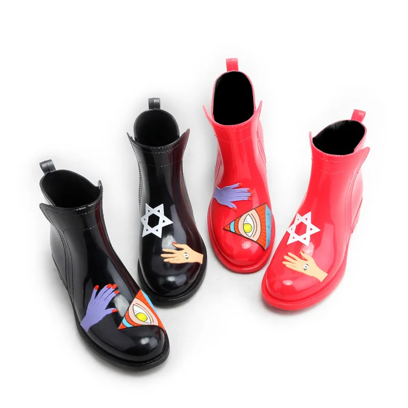 New Hot Women Fashion Graffiti PVC Ankle Rain Boots Flat Heels Non Slip Rainboots Waterproof Water Shoes Woman Wellies #TR199 Women's Shoes