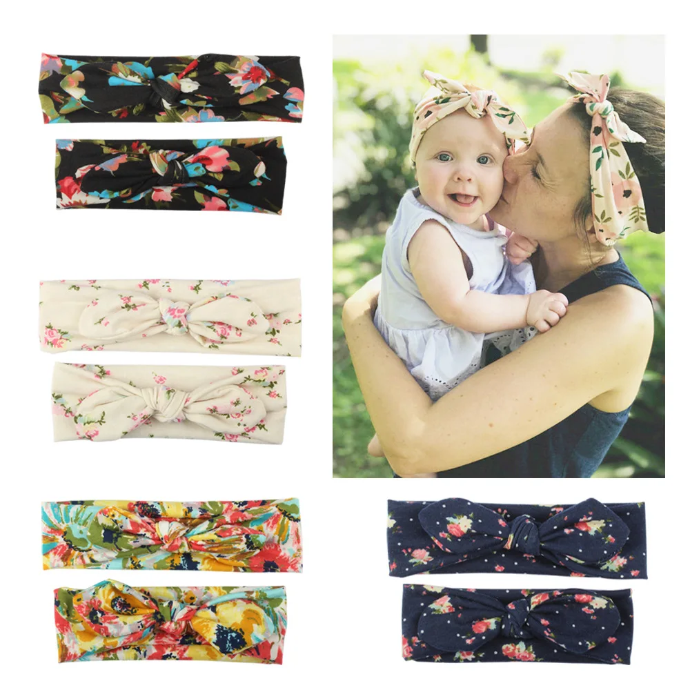 

2Pcs/Set Mommy and Me Matching Headbands Photo Prop Gift Mom and Kids Rabbit Ears Elastic Floral Bowknot Headband Accessories