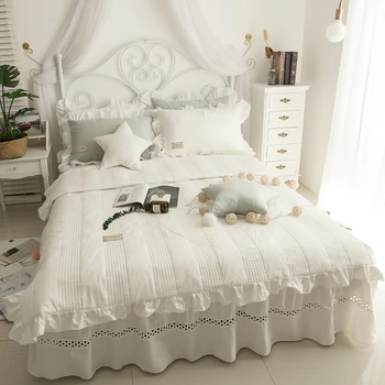 

Free shipping 100%cotton Korean princess ruffles bedding set 3/4pcs twin full queen king size solid color bed skirt set MR