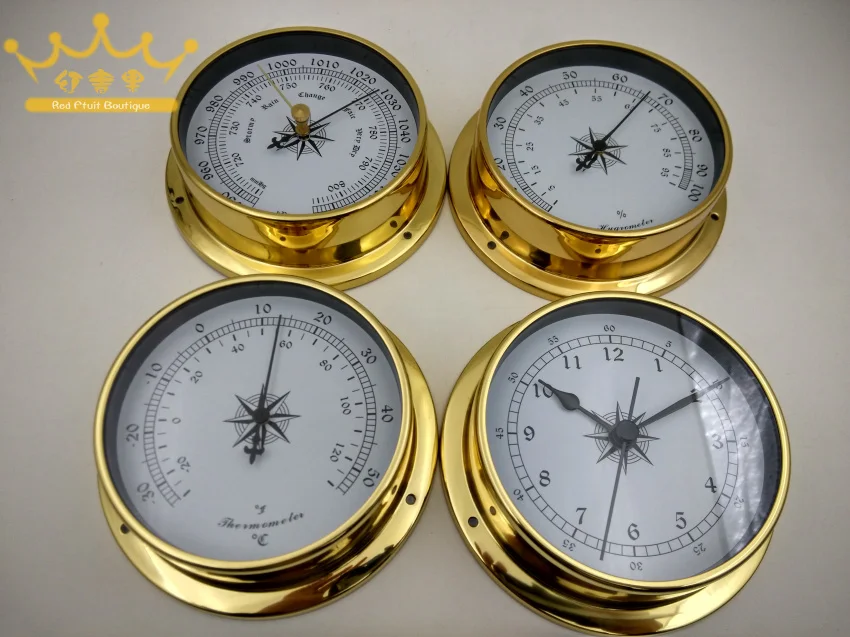 

4 pcs/set Brass Case Traditional Weather Station Barometer Temperature Hygrometer Humidity and Clock (White Dial) 115mm B9115