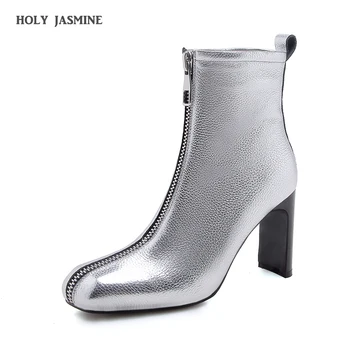 

2019 Spring Autumn High Heels Square Toe Ankle Boots for Women Fashion Patent Leather Motorcycle Boots Woman Botas Mujer Black
