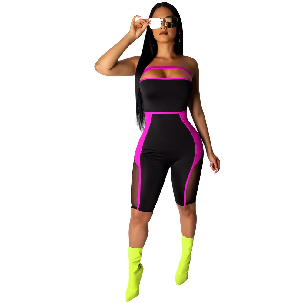 Sexy Mesh Patchwork Strapless Playsuit Women Backless Jumpsuit 2019 Summer Shorts Rompers Female Push up Fitness Streetwear