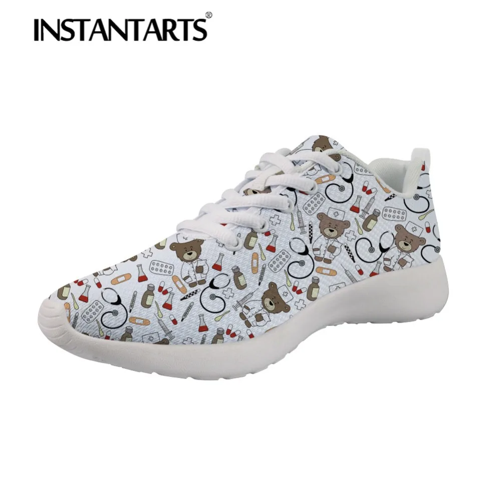 

INSTANTARTS Nurse Bear Flats Sneakers Women Lace Up Mesh Footwear Zapatillas Mujer 3D Cartoon Nurses Print Female Nursing Shoes