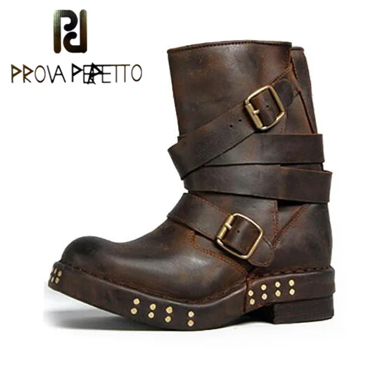 

Prova Perfetto Euramerican Band Genuine Leather Rivet Platform Bottomed Motorcycle Short Boot Personality Knight Boots Mujer
