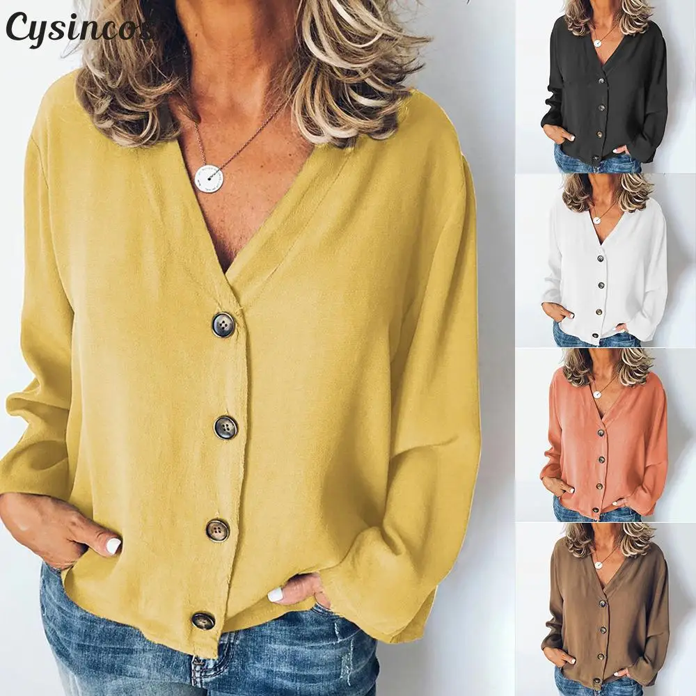 

Cysincos Women Blouses 2019 New Fashion Long Sleeve V-neck Sexy Shirt Chiffon Office Blouse Slim Casual Tops Plus Size S-3XL