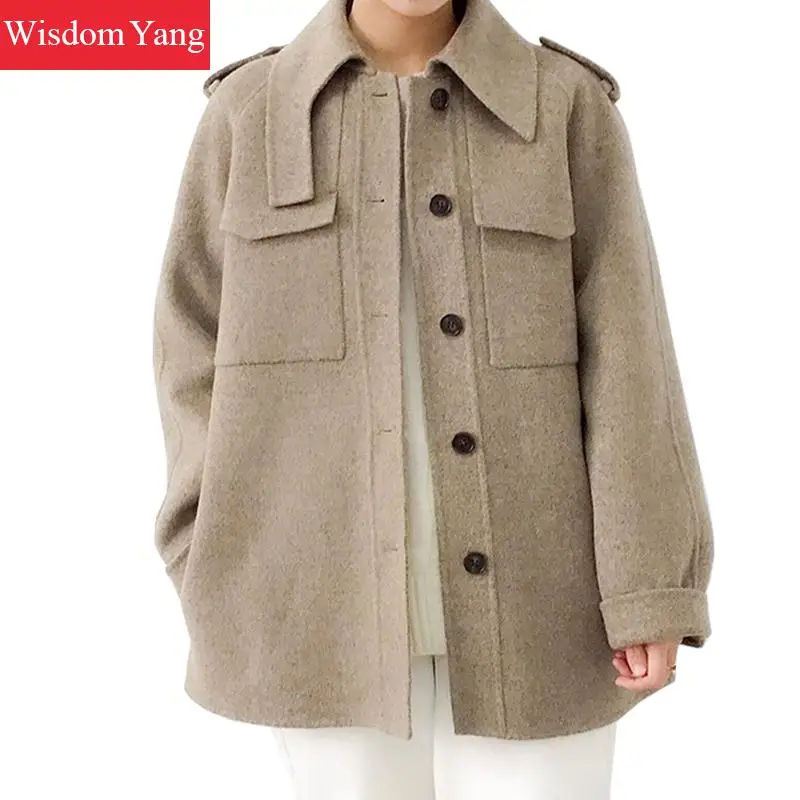 

Winter Warm Beige Blue Grey Wool Coat Jacket Sheep Woollen Coats Women Short Oversize Office Ladies Woolen Overcoat Outerwear