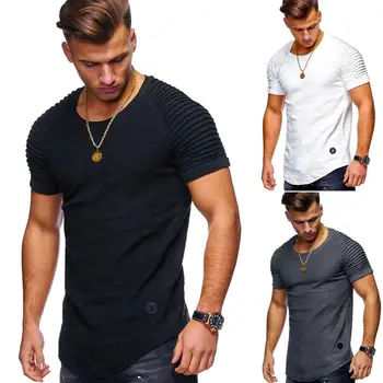 

Nice Men Round Neck Slim Solid Color Short Sleeve T - Shirt Stripe Fold Raglan Sleeve Men Short T Shirt