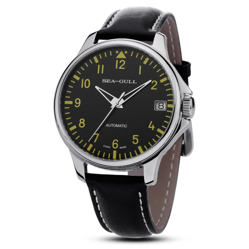 Seagull D819.552 механические наручные часы из натуральной кожи Светящиеся руки выставка назад самоветер автоматические мужские часы - Цвет: Черный
